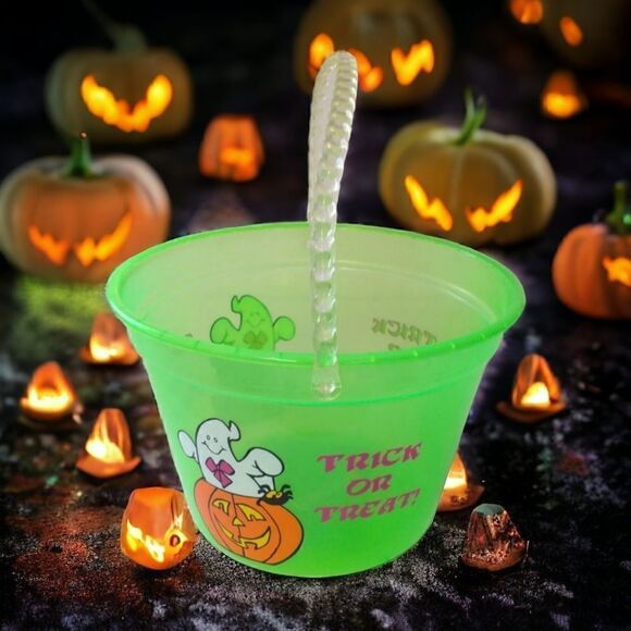 Vintage Halloween Bucket Pail Trick or Treat Ghost Translucent Neon Green 1990s. - Picture 1 of 16